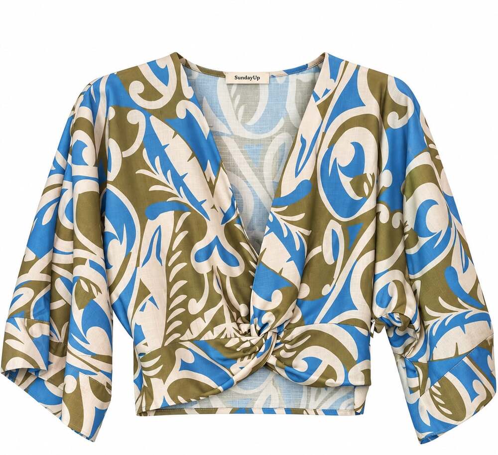 SundayUp Crop Top Size S Blue Olive Green Abstract V-Neck